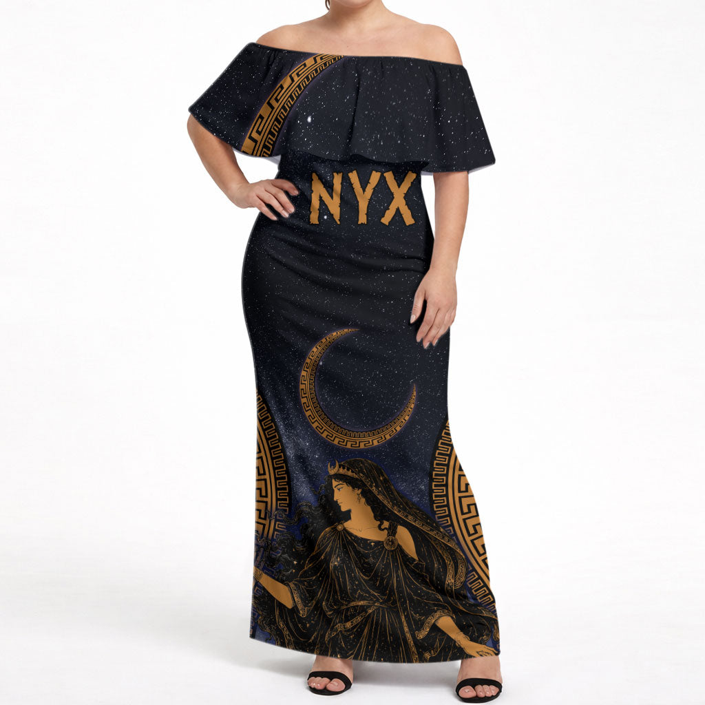Greek Mythology Nyx Off Shoulder Maxi Dress Starry Night Classical Art Greek Key Pattern