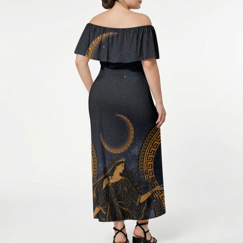 Greek Mythology Nyx Off Shoulder Maxi Dress Starry Night Classical Art Greek Key Pattern