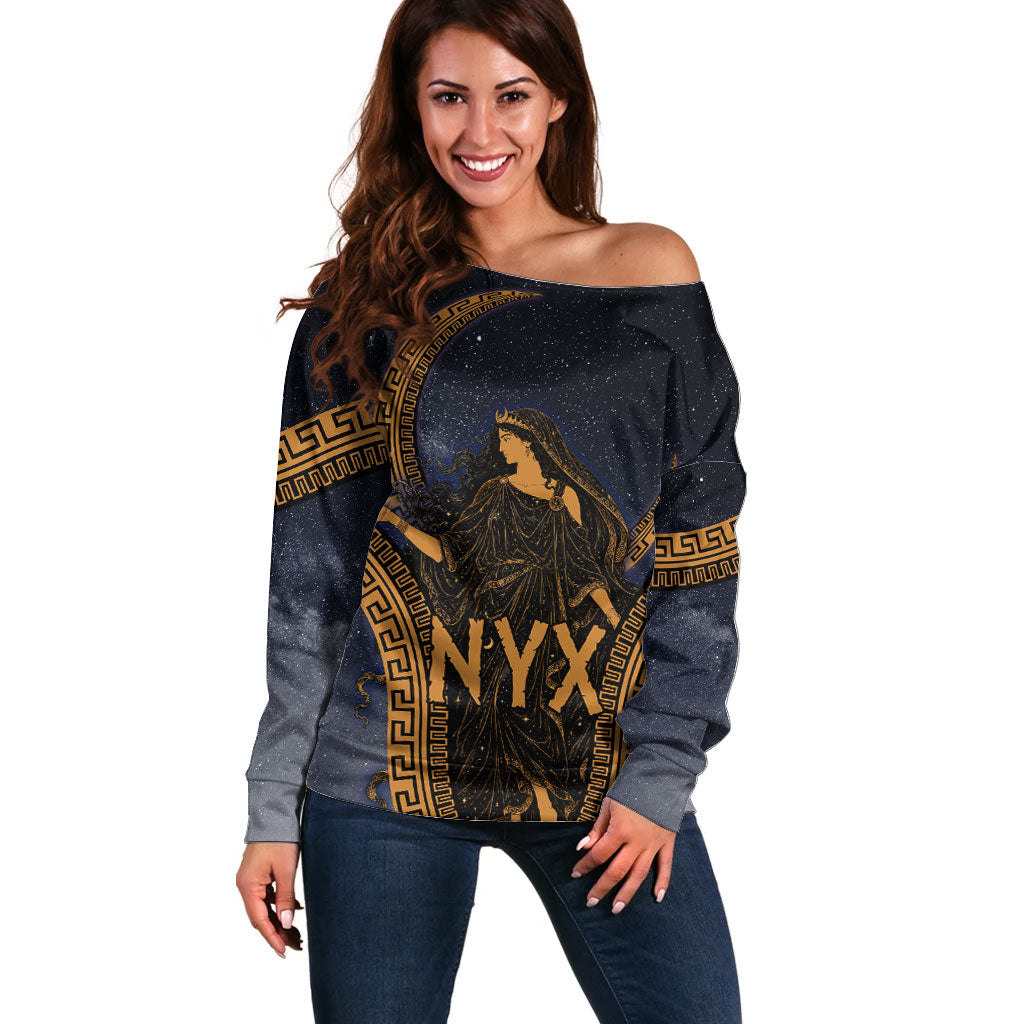 Greek Mythology Nyx Off Shoulder Sweater Starry Night Classical Art Greek Key Pattern