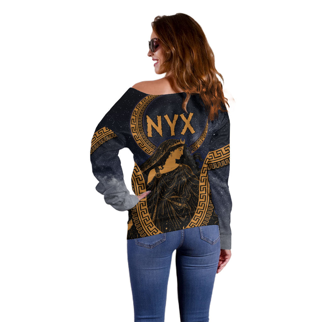 Greek Mythology Nyx Off Shoulder Sweater Starry Night Classical Art Greek Key Pattern