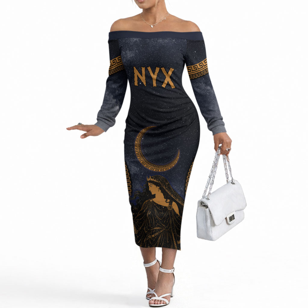 Greek Mythology Nyx Off The Shoulder Long Sleeve Dress Starry Night Classical Art Greek Key Pattern