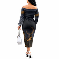 Greek Mythology Nyx Off The Shoulder Long Sleeve Dress Starry Night Classical Art Greek Key Pattern