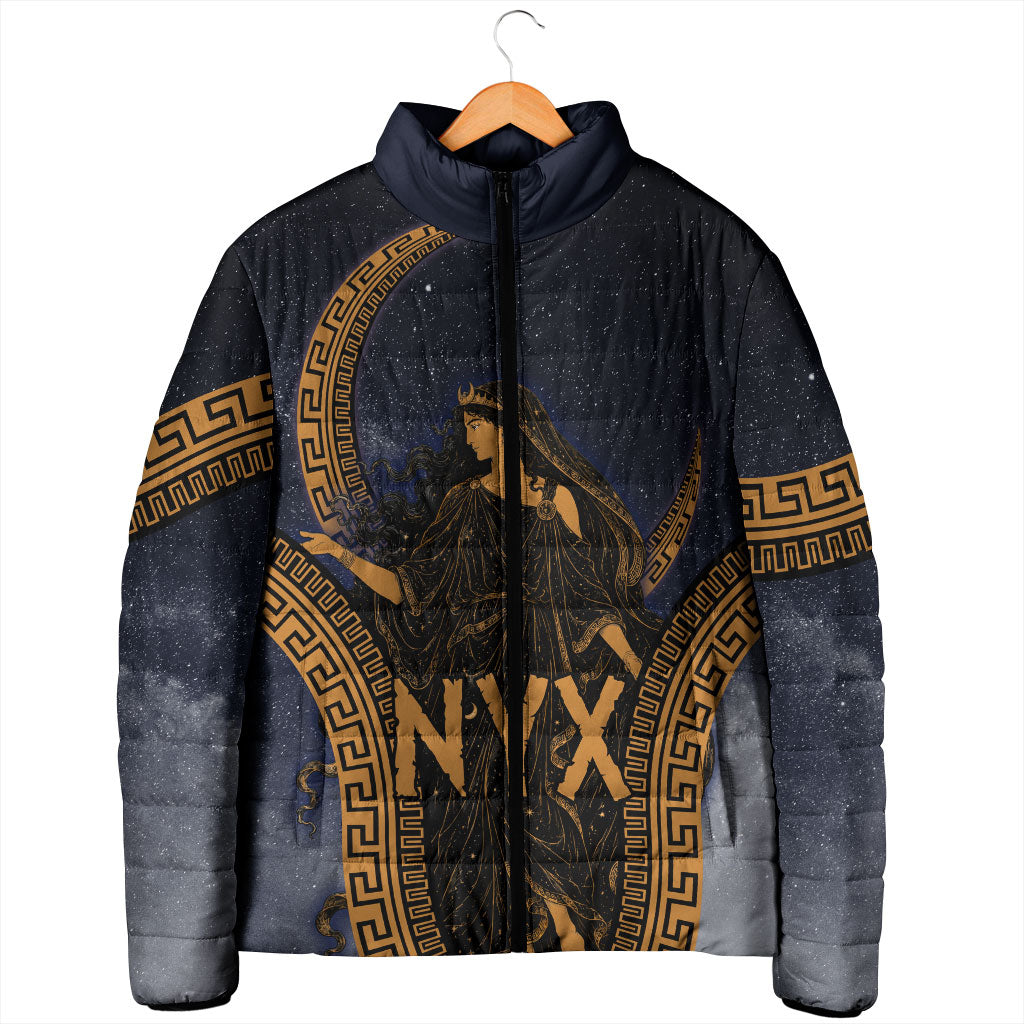 Greek Mythology Nyx Padded Jacket Starry Night Classical Art Greek Key Pattern