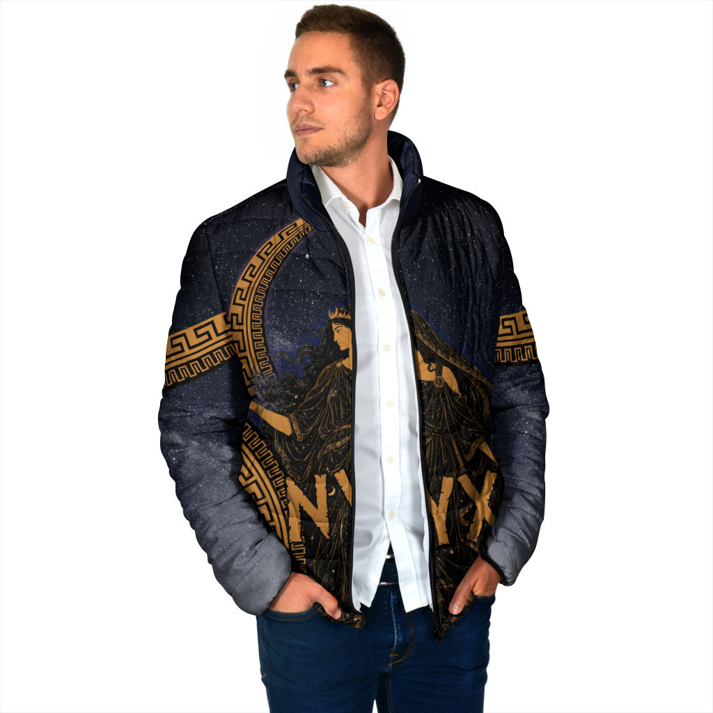 Greek Mythology Nyx Padded Jacket Starry Night Classical Art Greek Key Pattern