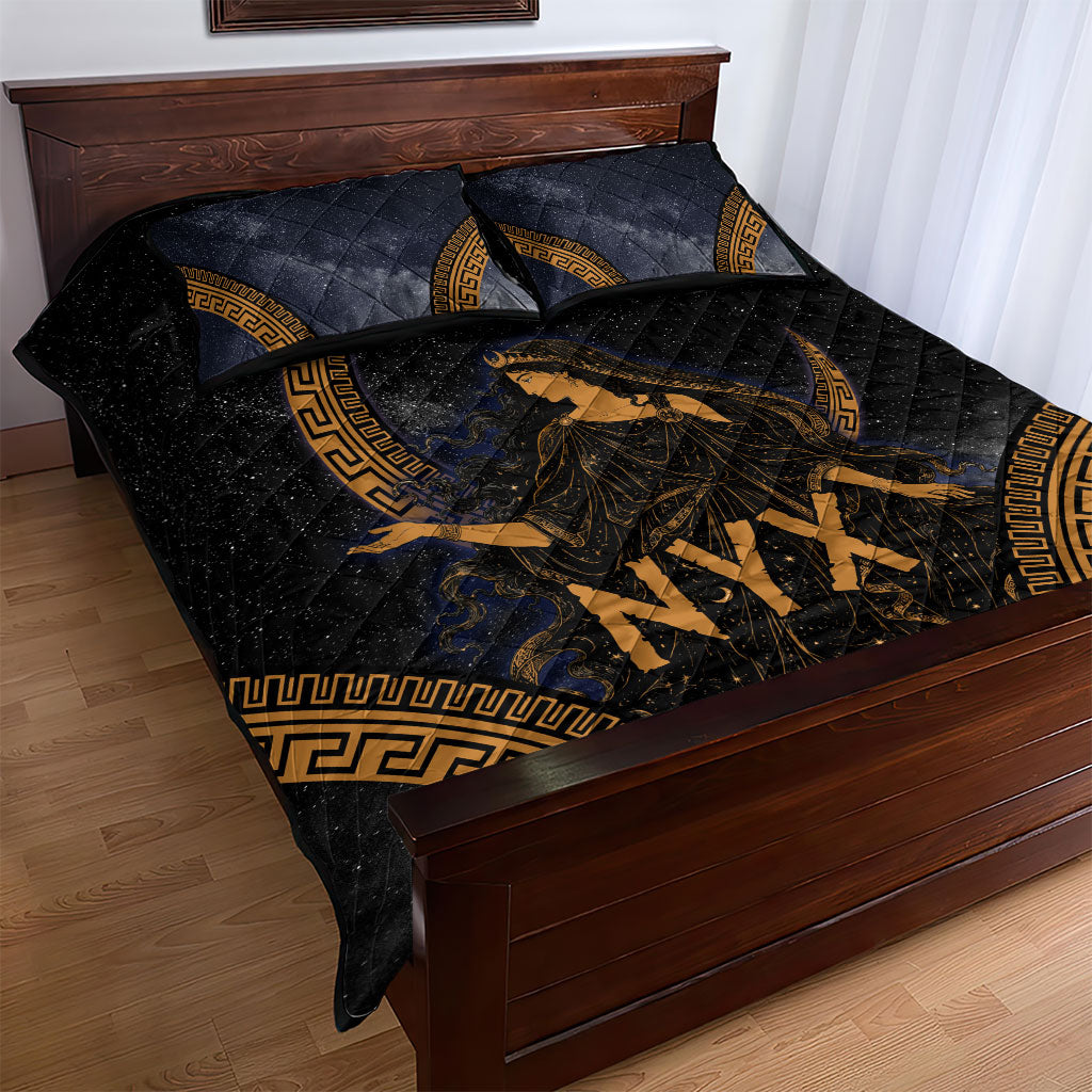 Greek Mythology Nyx Quilt Bed Set Starry Night Classical Art Greek Key Pattern