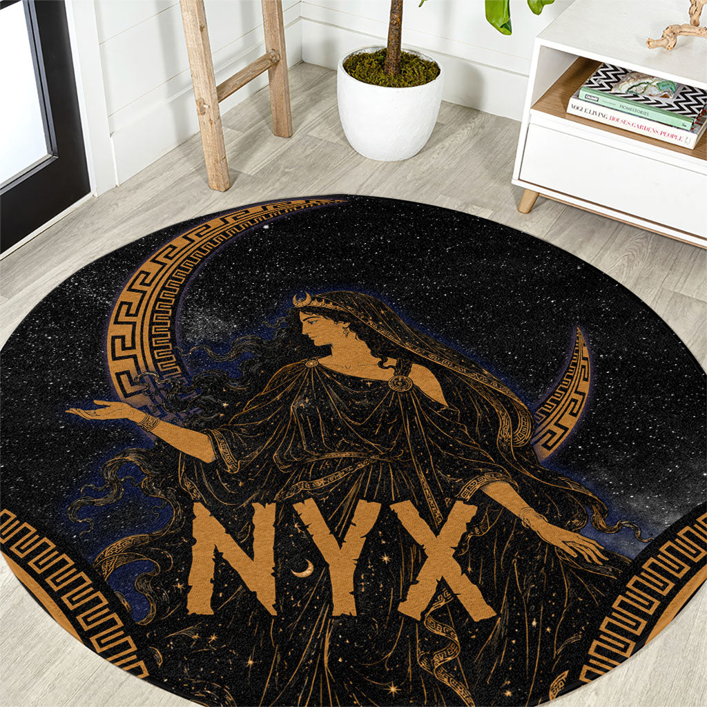 Greek Mythology Nyx Round Carpet Starry Night Classical Art Greek Key Pattern
