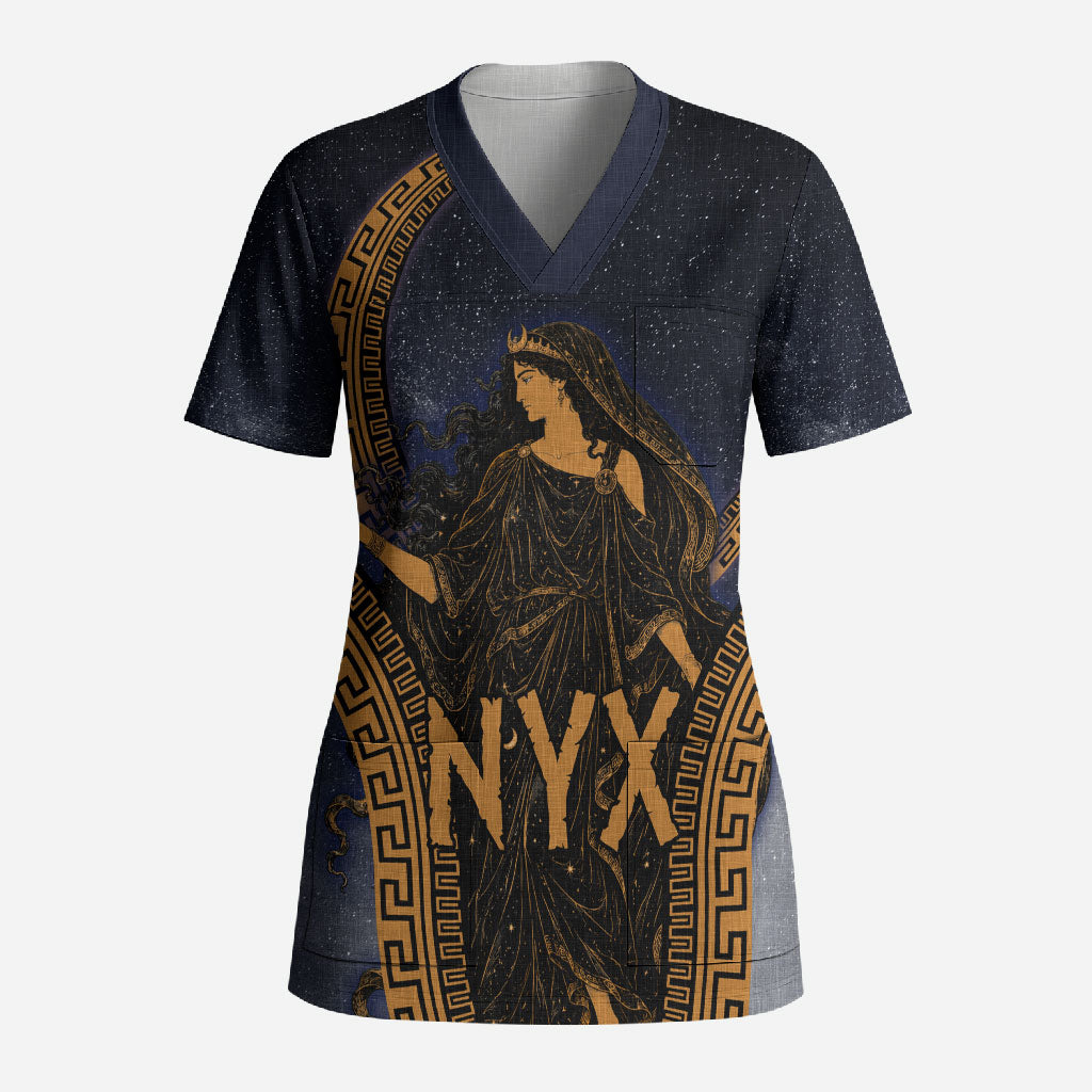 Greek Mythology Nyx Scrub Top Starry Night Classical Art Greek Key Pattern
