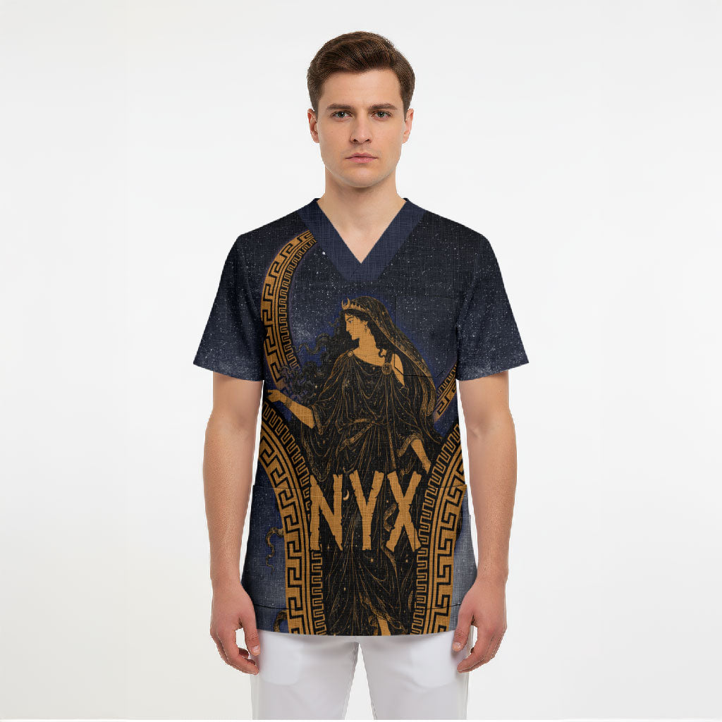 Greek Mythology Nyx Scrub Top Starry Night Classical Art Greek Key Pattern