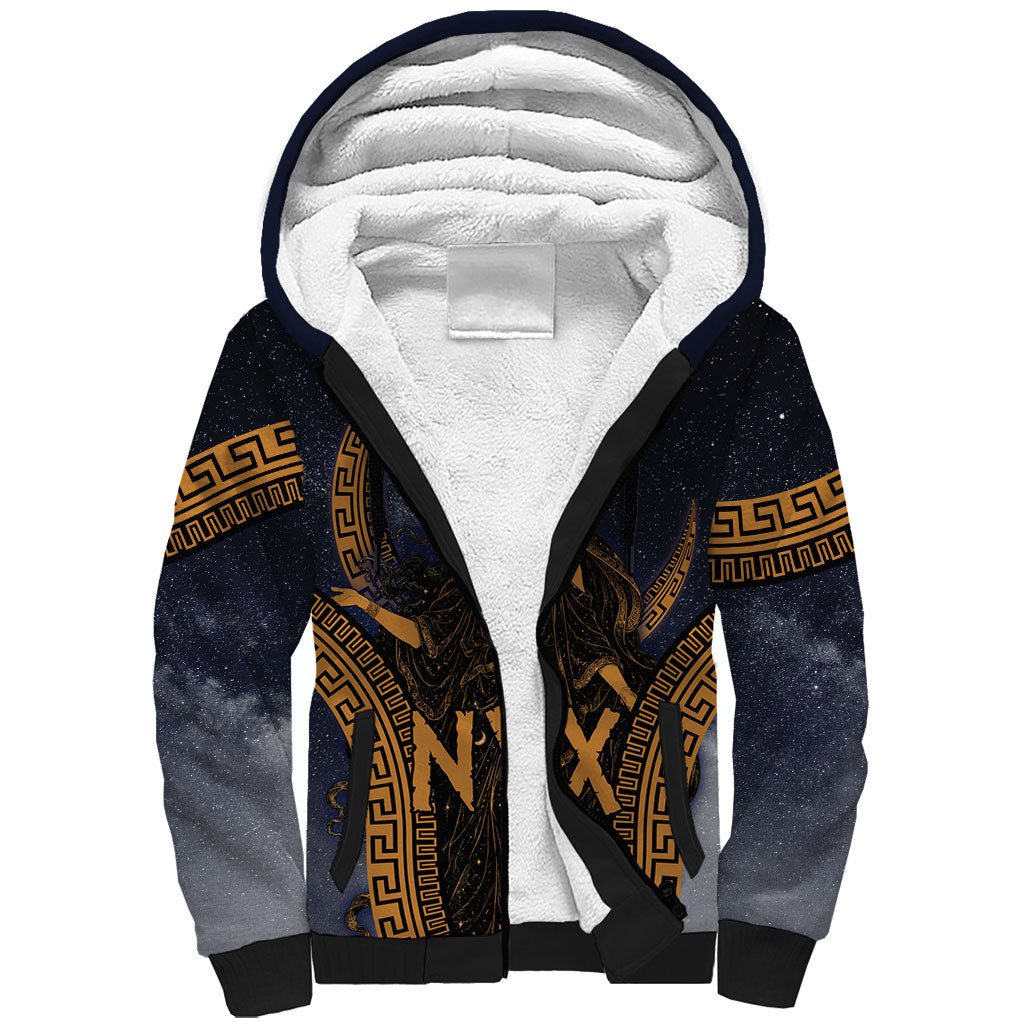 Greek Mythology Nyx Sherpa Hoodie Starry Night Classical Art Greek Key Pattern