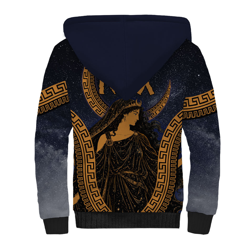 Greek Mythology Nyx Sherpa Hoodie Starry Night Classical Art Greek Key Pattern