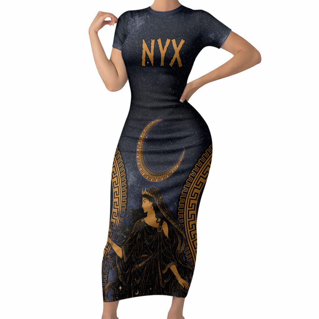 Greek Mythology Nyx Short Sleeve Bodycon Dress Starry Night Classical Art Greek Key Pattern