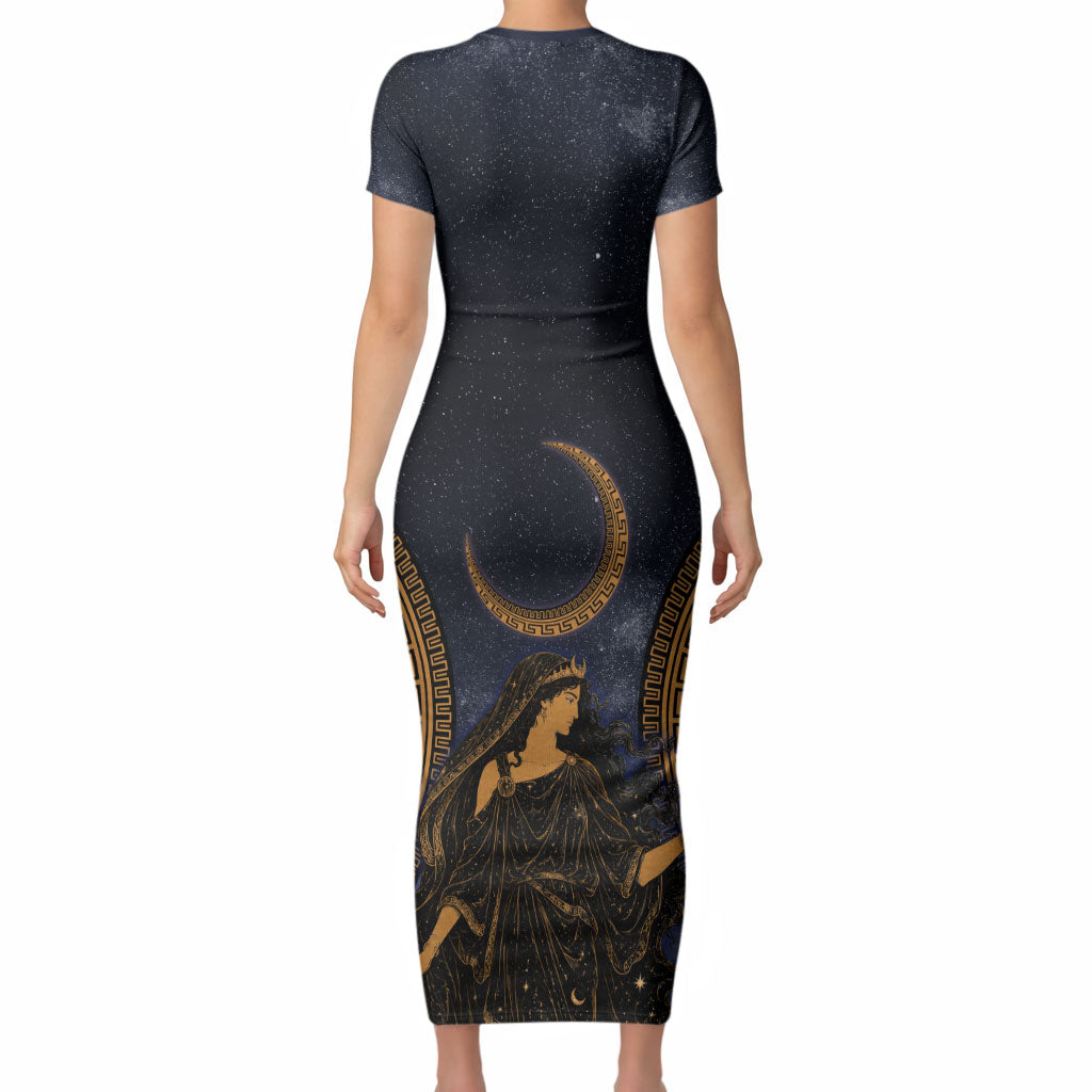 Greek Mythology Nyx Short Sleeve Bodycon Dress Starry Night Classical Art Greek Key Pattern