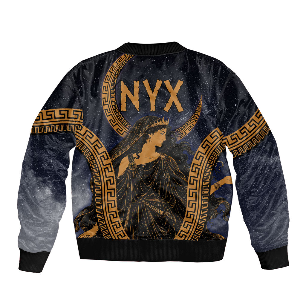 Greek Mythology Nyx Sleeve Zip Bomber Jacket Starry Night Classical Art Greek Key Pattern