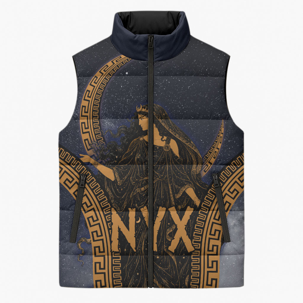 Greek Mythology Nyx Sleeveless Puffer Jacket Starry Night Classical Art Greek Key Pattern