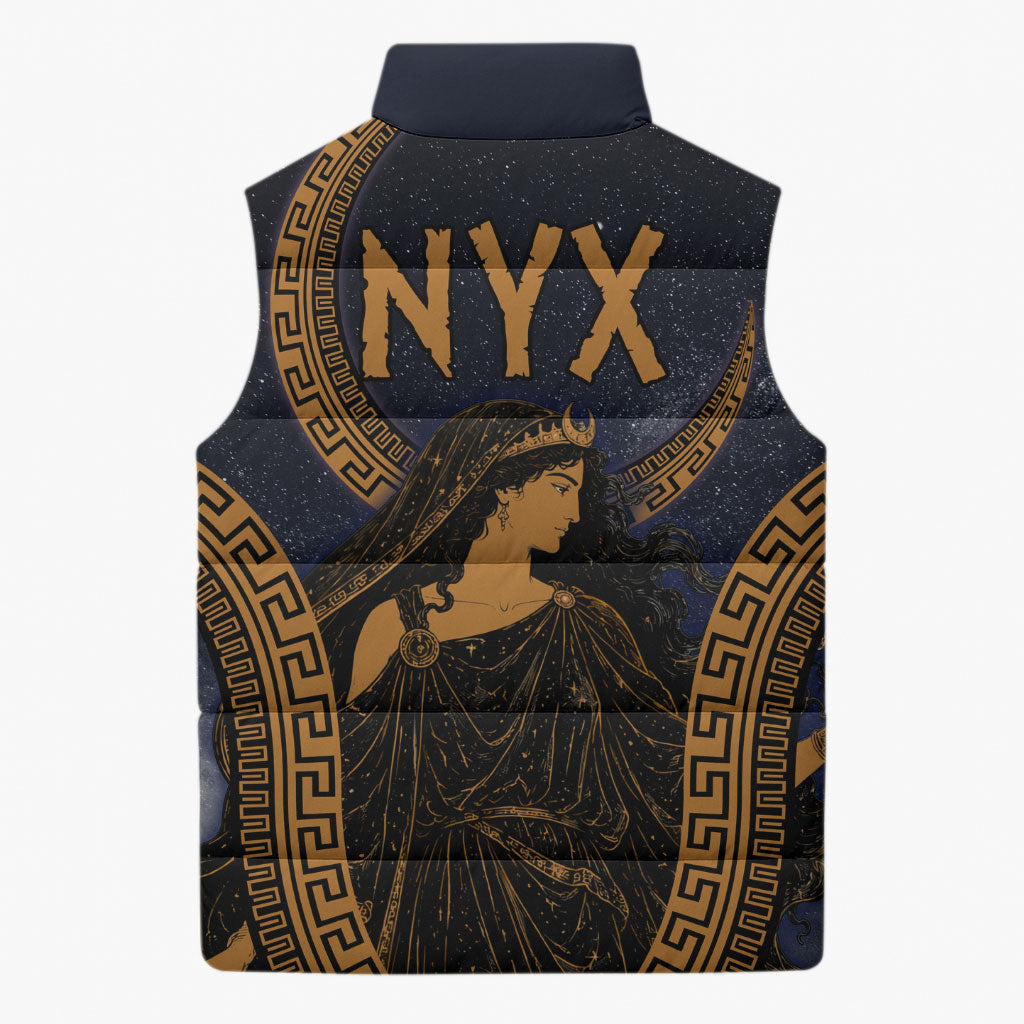 Greek Mythology Nyx Sleeveless Puffer Jacket Starry Night Classical Art Greek Key Pattern