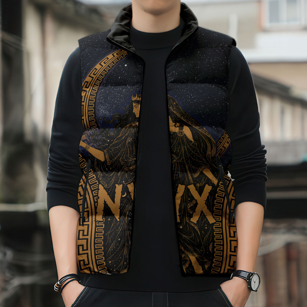 Greek Mythology Nyx Sleeveless Puffer Jacket Starry Night Classical Art Greek Key Pattern