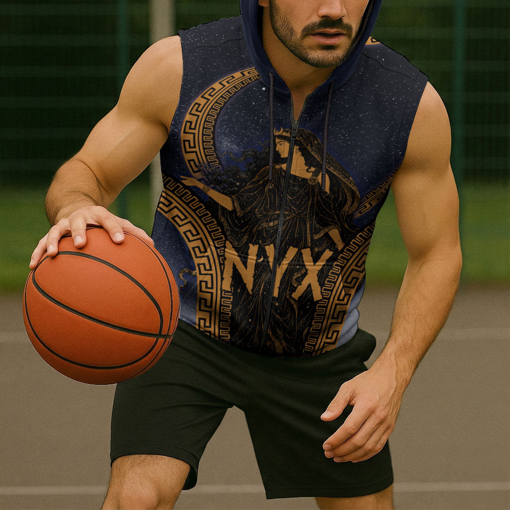 Greek Mythology Nyx Sleeveless Zip Hoodie Starry Night Classical Art Greek Key Pattern