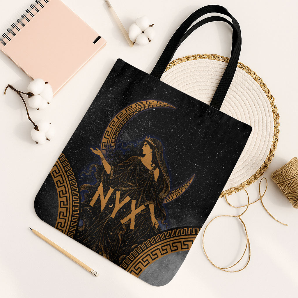 Greek Mythology Nyx Tote Bag Starry Night Classical Art Greek Key Pattern