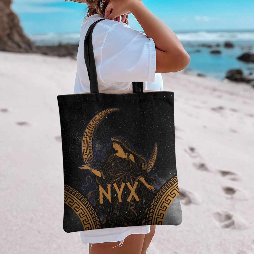 Greek Mythology Nyx Tote Bag Starry Night Classical Art Greek Key Pattern