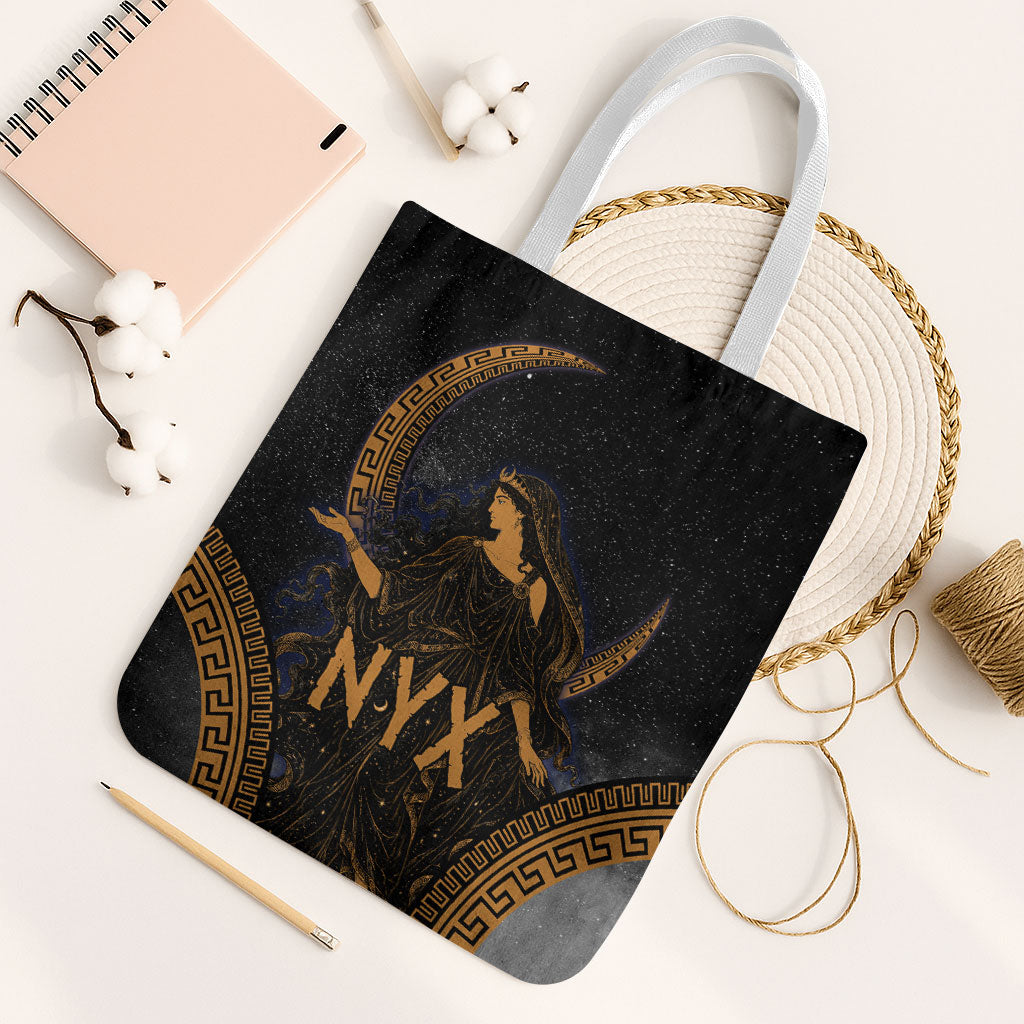Greek Mythology Nyx Tote Bag Starry Night Classical Art Greek Key Pattern