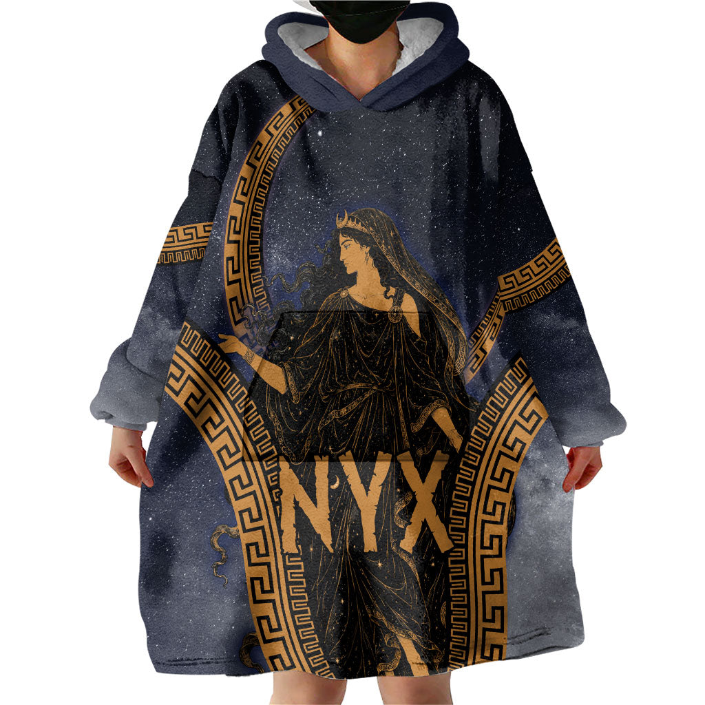 Greek Mythology Nyx Wearable Blanket Hoodie Starry Night Classical Art Greek Key Pattern