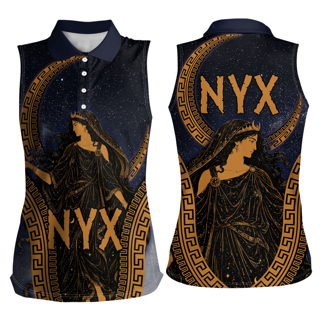 Greek Mythology Nyx Women Sleeveless Polo Shirt Starry Night Classical Art Greek Key Pattern
