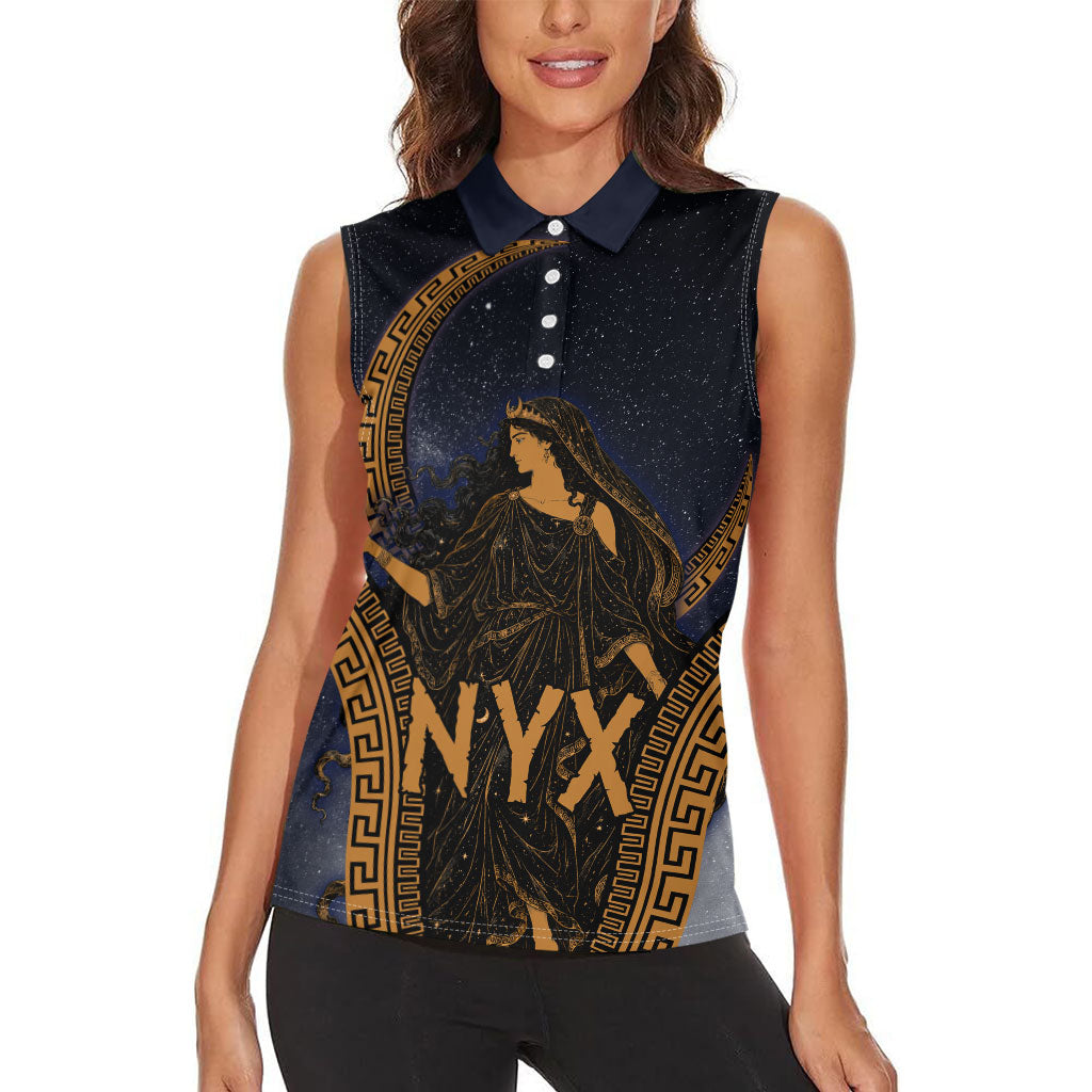 Greek Mythology Nyx Women Sleeveless Polo Shirt Starry Night Classical Art Greek Key Pattern