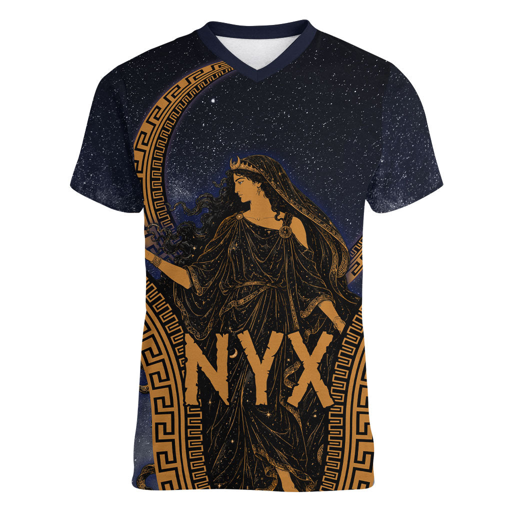 Greek Mythology Nyx Women V-Neck T-Shirt Starry Night Classical Art Greek Key Pattern