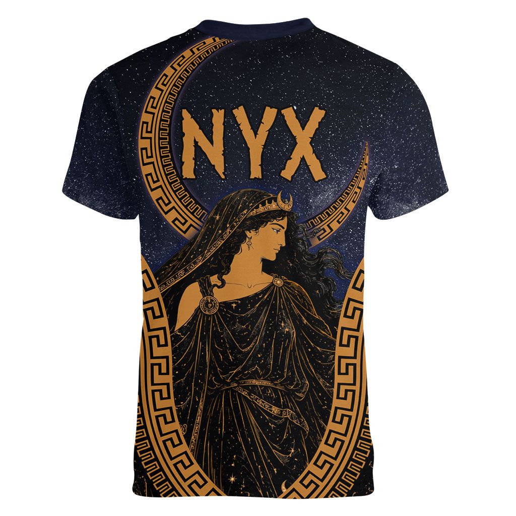 Greek Mythology Nyx Women V-Neck T-Shirt Starry Night Classical Art Greek Key Pattern