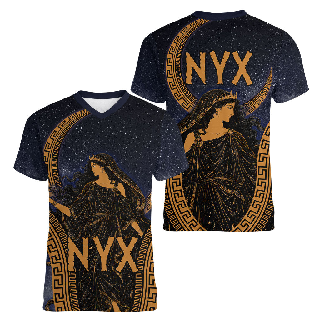 Greek Mythology Nyx Women V-Neck T-Shirt Starry Night Classical Art Greek Key Pattern
