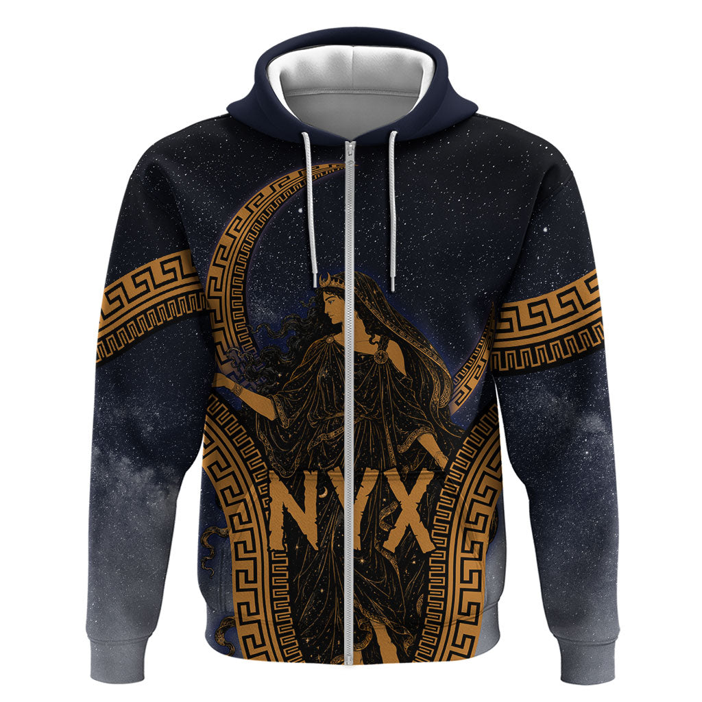 Greek Mythology Nyx Zip Hoodie Starry Night Classical Art Greek Key Pattern