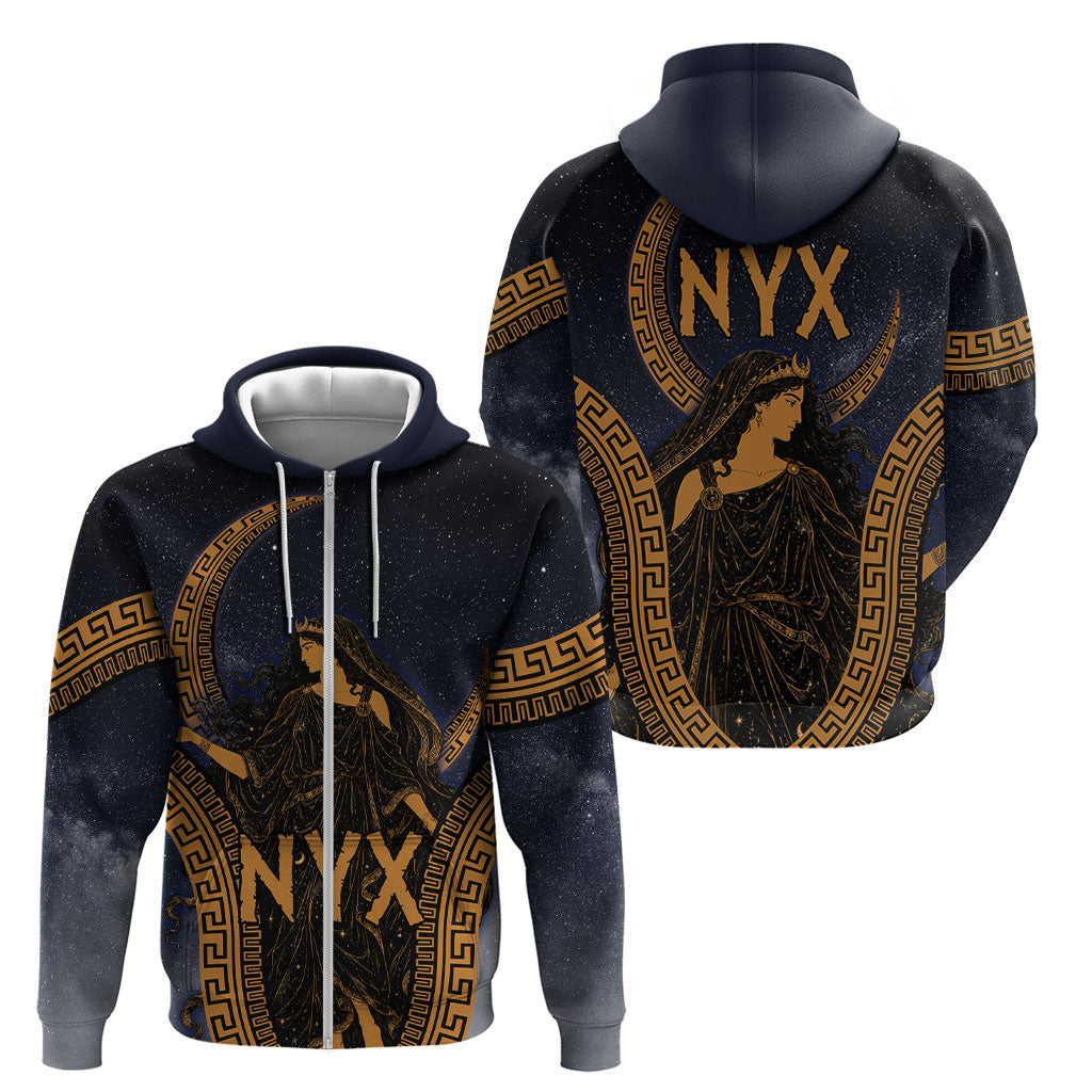 Greek Mythology Nyx Zip Hoodie Starry Night Classical Art Greek Key Pattern