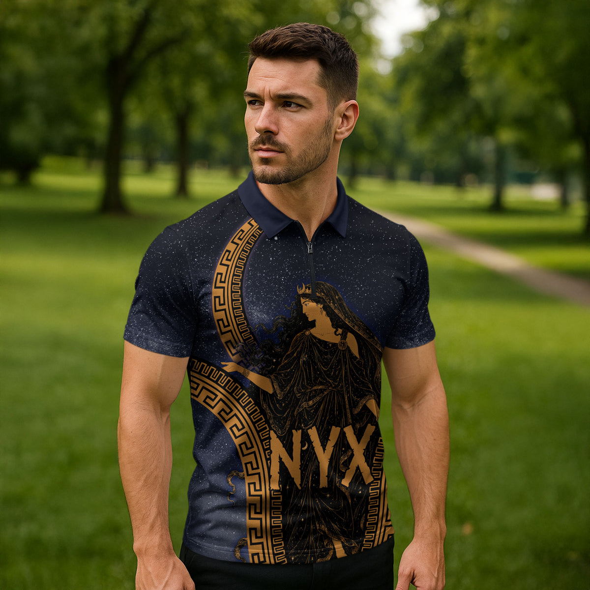 Greek Mythology Nyx Zipper Polo Shirt Starry Night Classical Art Greek Key Pattern