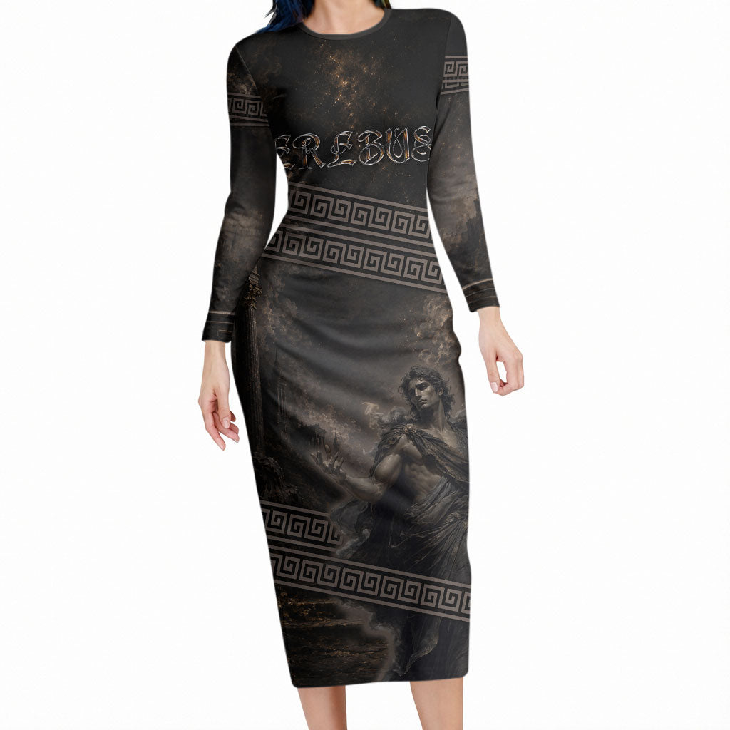 Greek Mythology Erebus Long Sleeve Bodycon Dress God Of Darkness Classical Art Greek Key Pattern