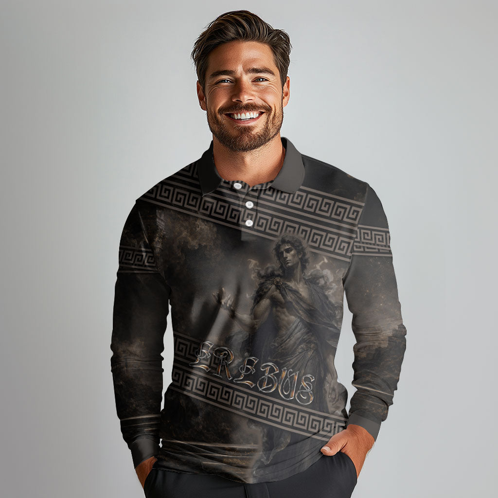Greek Mythology Erebus Long Sleeve Polo Shirt God Of Darkness Classical Art Greek Key Pattern