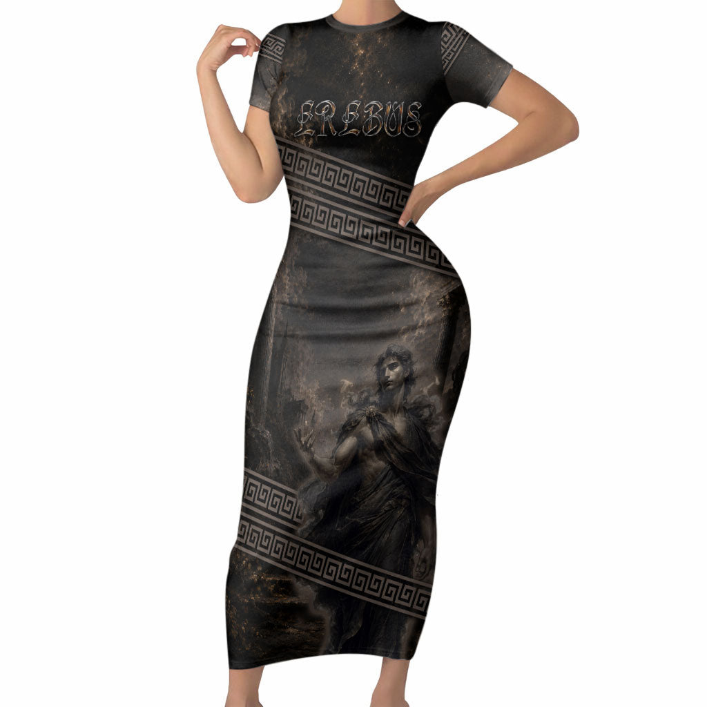 Greek Mythology Erebus Short Sleeve Bodycon Dress God Of Darkness Classical Art Greek Key Pattern
