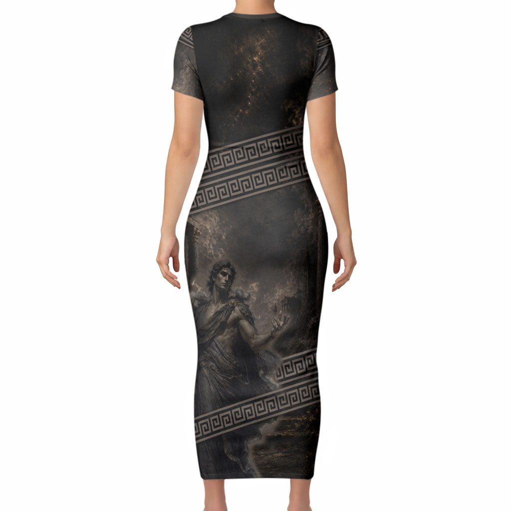 Greek Mythology Erebus Short Sleeve Bodycon Dress God Of Darkness Classical Art Greek Key Pattern