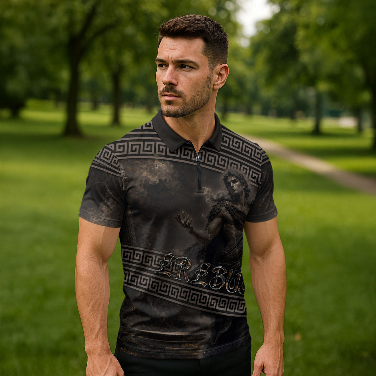 Greek Mythology Erebus Zipper Polo Shirt God Of Darkness Classical Art Greek Key Pattern