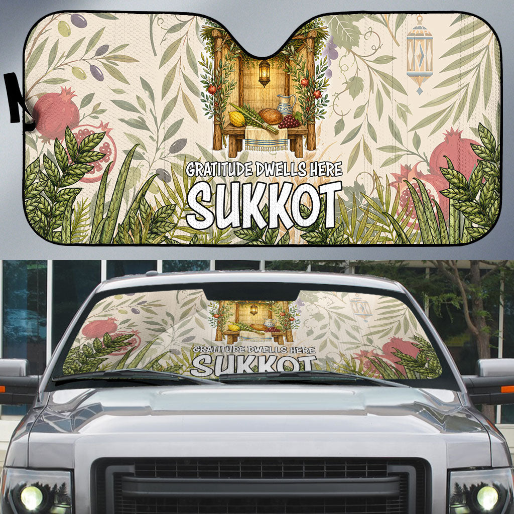 Sukkot Auto Sun Shade Jewish Holiday Gratitude Dwells Here - Vintage Botanical Sukkah