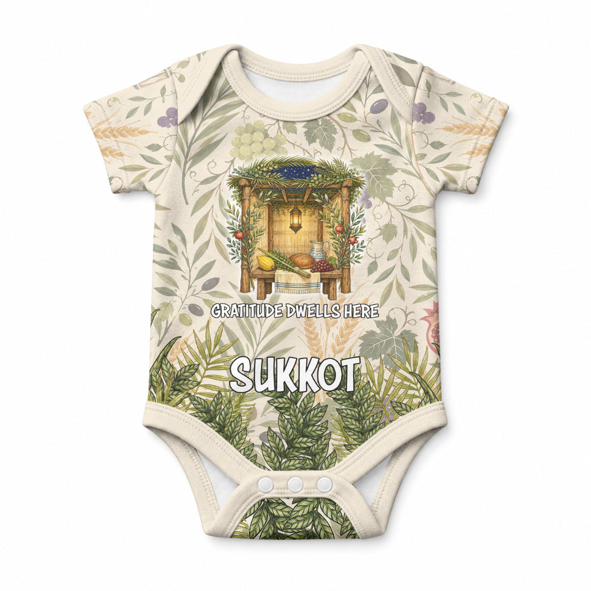 Sukkot Baby Onesie Jewish Holiday Gratitude Dwells Here - Vintage Botanical Sukkah