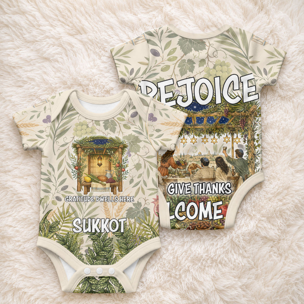 Sukkot Baby Onesie Jewish Holiday Gratitude Dwells Here - Vintage Botanical Sukkah