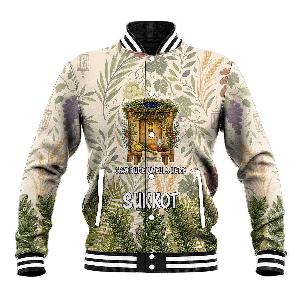 Sukkot Baseball Jacket Jewish Holiday Gratitude Dwells Here - Vintage Botanical Sukkah