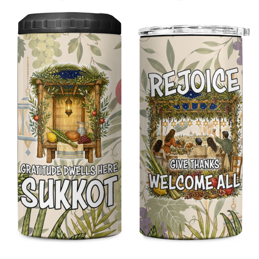 Sukkot 4 in 1 Can Cooler Tumbler Jewish Holiday Gratitude Dwells Here - Vintage Botanical Sukkah