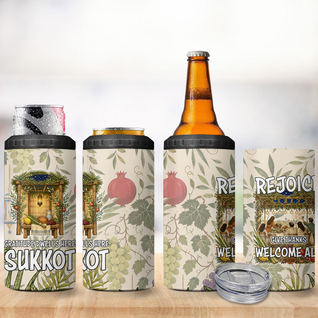 Sukkot 4 in 1 Can Cooler Tumbler Jewish Holiday Gratitude Dwells Here - Vintage Botanical Sukkah