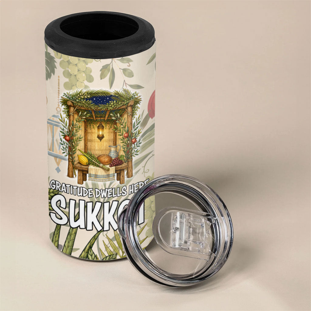 Sukkot 4 in 1 Can Cooler Tumbler Jewish Holiday Gratitude Dwells Here - Vintage Botanical Sukkah