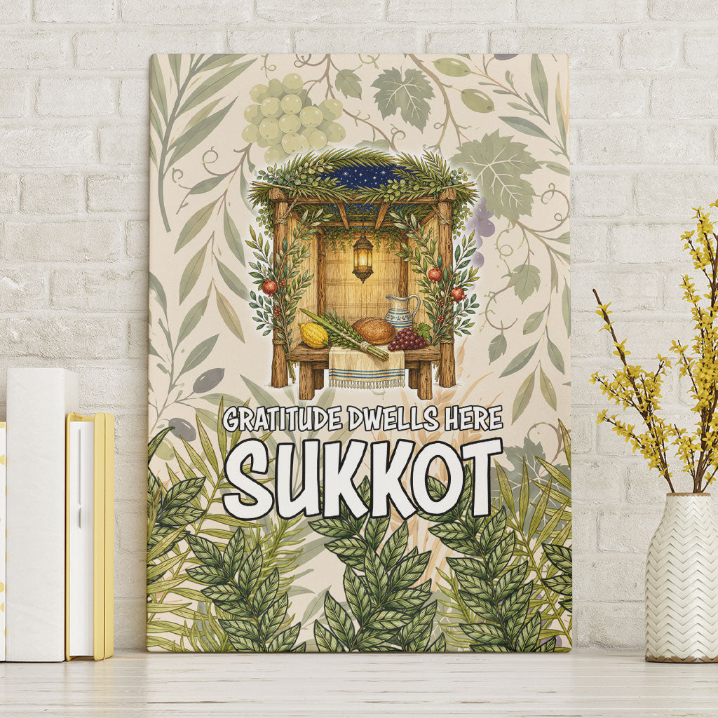 Sukkot Canvas Wall Art Jewish Holiday Gratitude Dwells Here - Vintage Botanical Sukkah