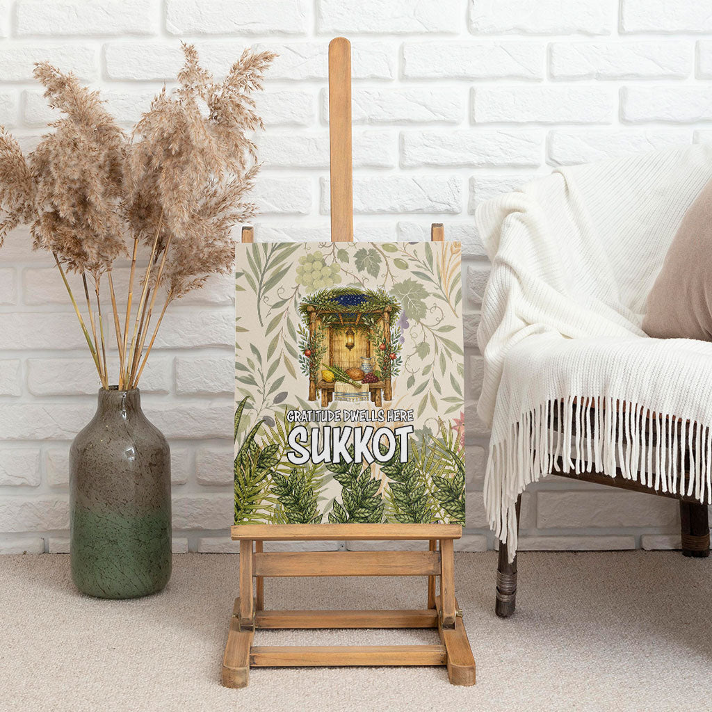 Sukkot Canvas Wall Art Jewish Holiday Gratitude Dwells Here - Vintage Botanical Sukkah