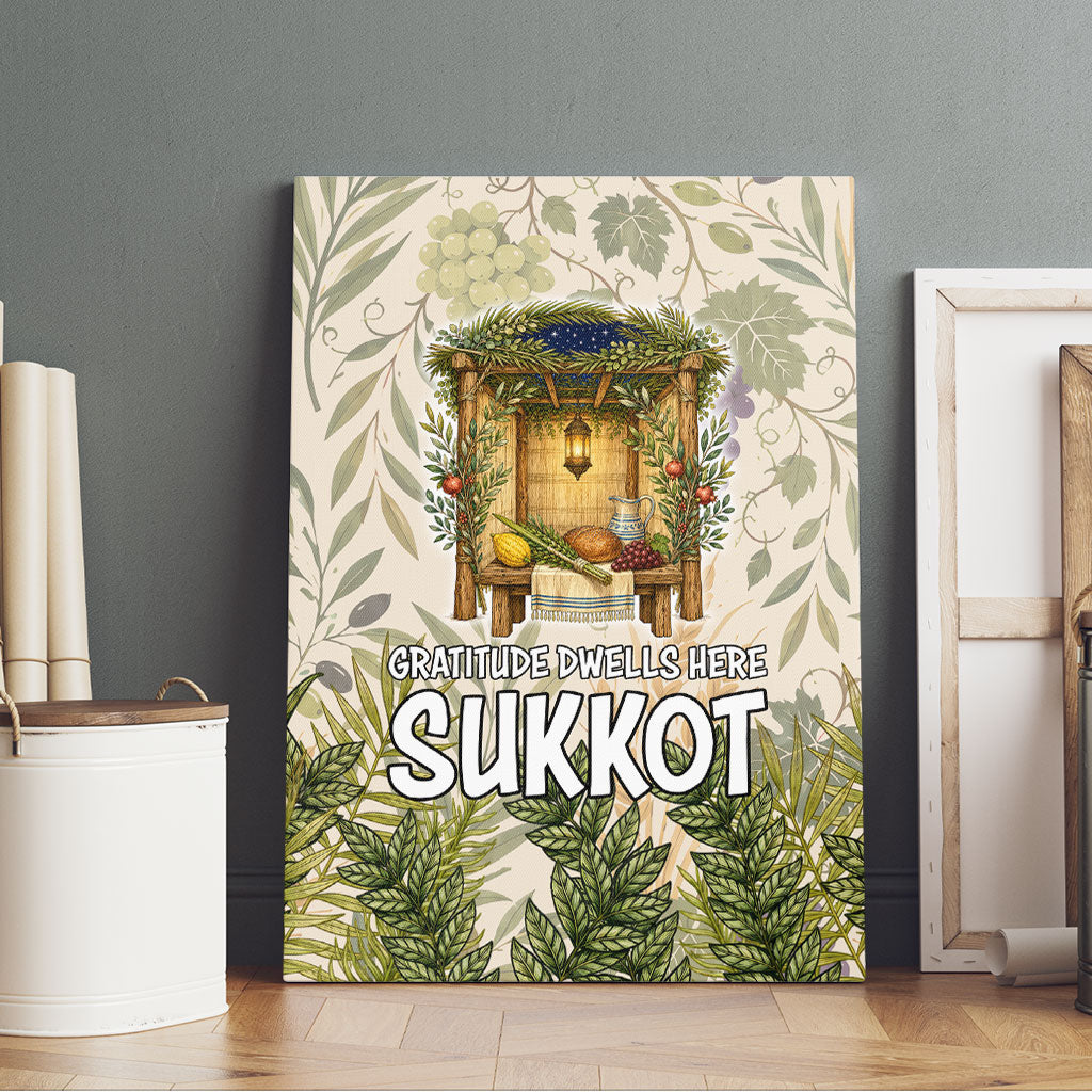 Sukkot Canvas Wall Art Jewish Holiday Gratitude Dwells Here - Vintage Botanical Sukkah