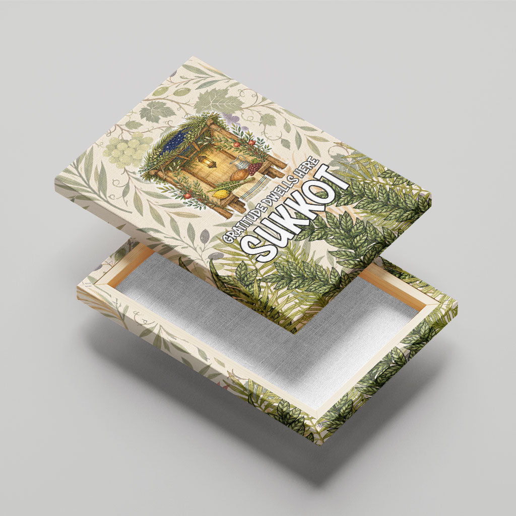 Sukkot Canvas Wall Art Jewish Holiday Gratitude Dwells Here - Vintage Botanical Sukkah