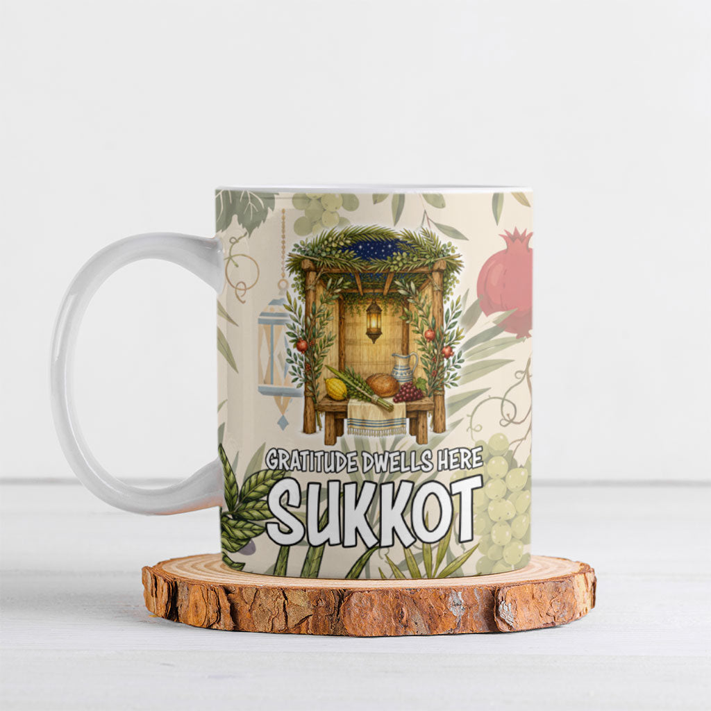 Sukkot Ceramic Mug Jewish Holiday Gratitude Dwells Here - Vintage Botanical Sukkah